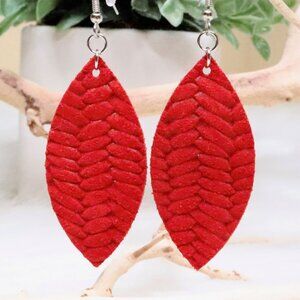 Red Braided Leather Petal Earrings